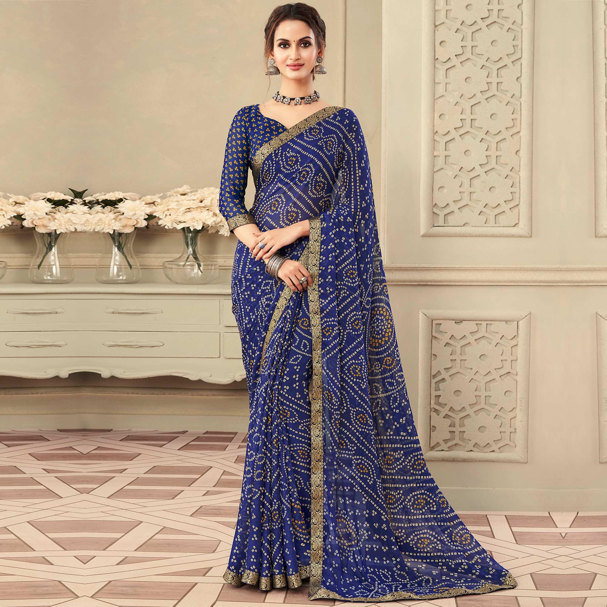 Blue Casual Wear Printed Chiffon Saree with Banarasi Border - Peachmode