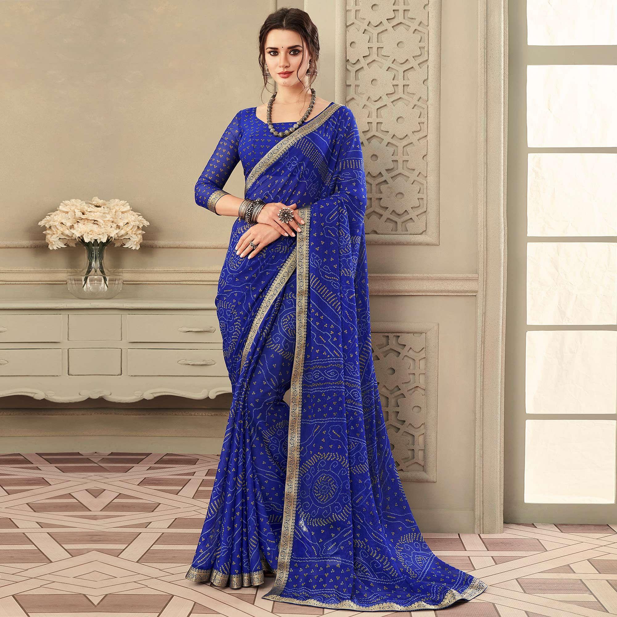 Blue Casual Wear Printed Chiffon Saree with Banarasi Border - Peachmode