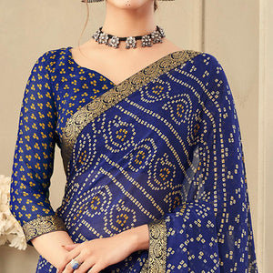 Blue Casual Wear Printed Chiffon Saree with Banarasi Border - Peachmode