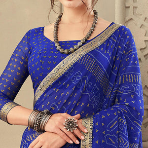 Blue Casual Wear Printed Chiffon Saree with Banarasi Border - Peachmode