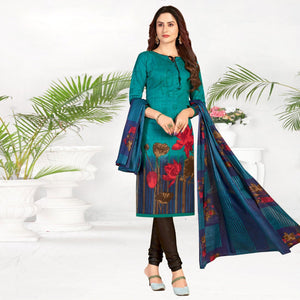 Blue Casual Wear Printed Cotton Dress Material - Peachmode