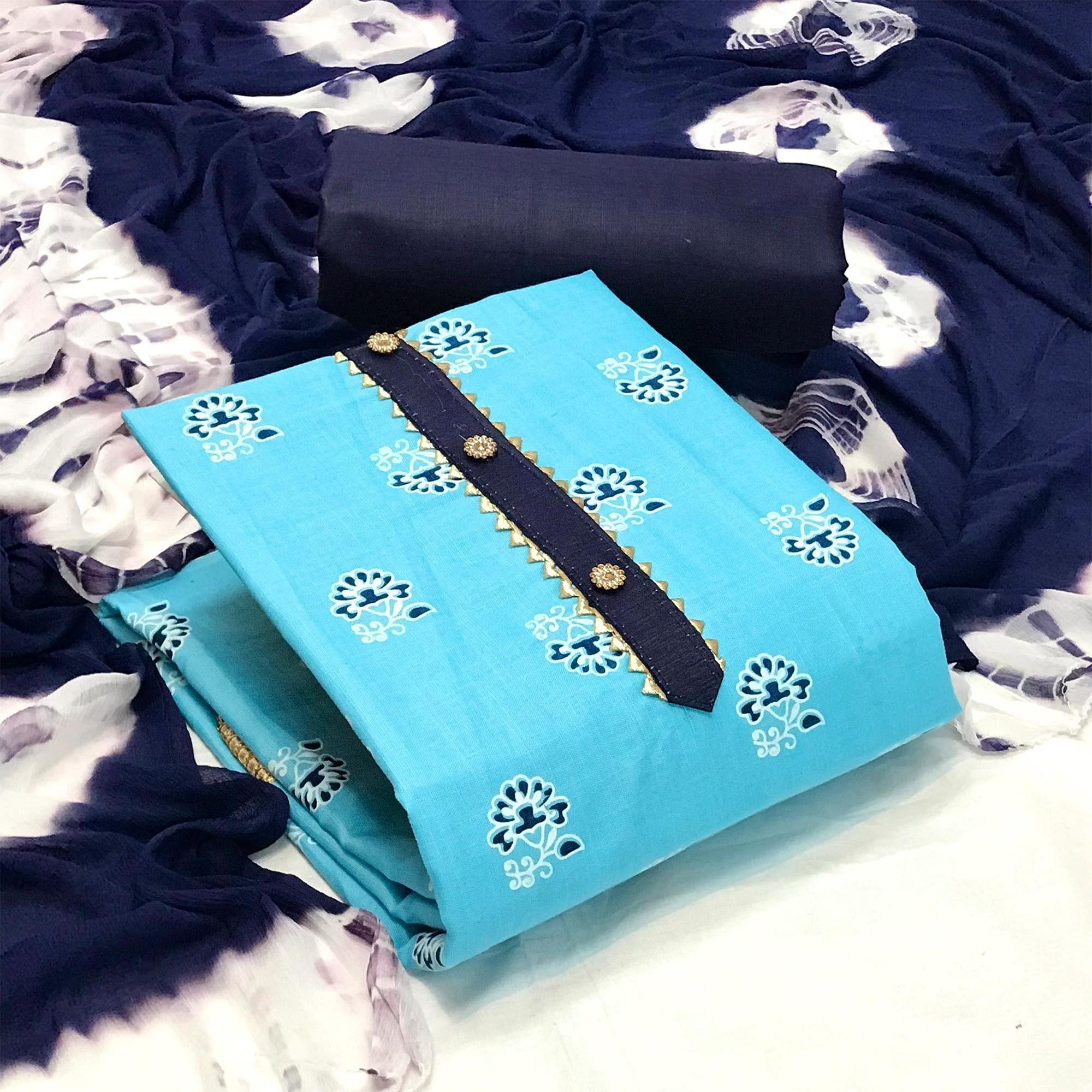 Blue Casual Wear Printed Cotton Dress Material - Peachmode