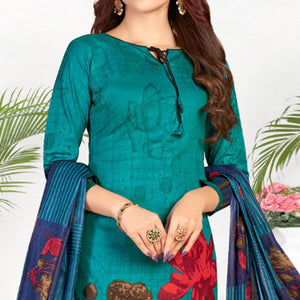 Blue Casual Wear Printed Cotton Dress Material - Peachmode