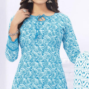 Blue Casual Wear Printed Cotton Dress Material - Peachmode
