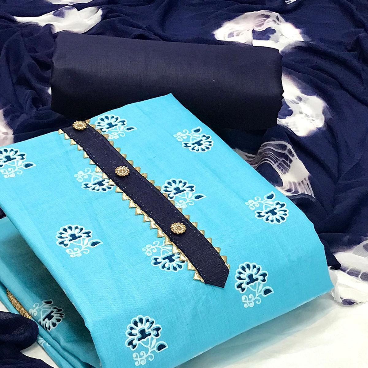 Blue Casual Wear Printed Cotton Dress Material - Peachmode