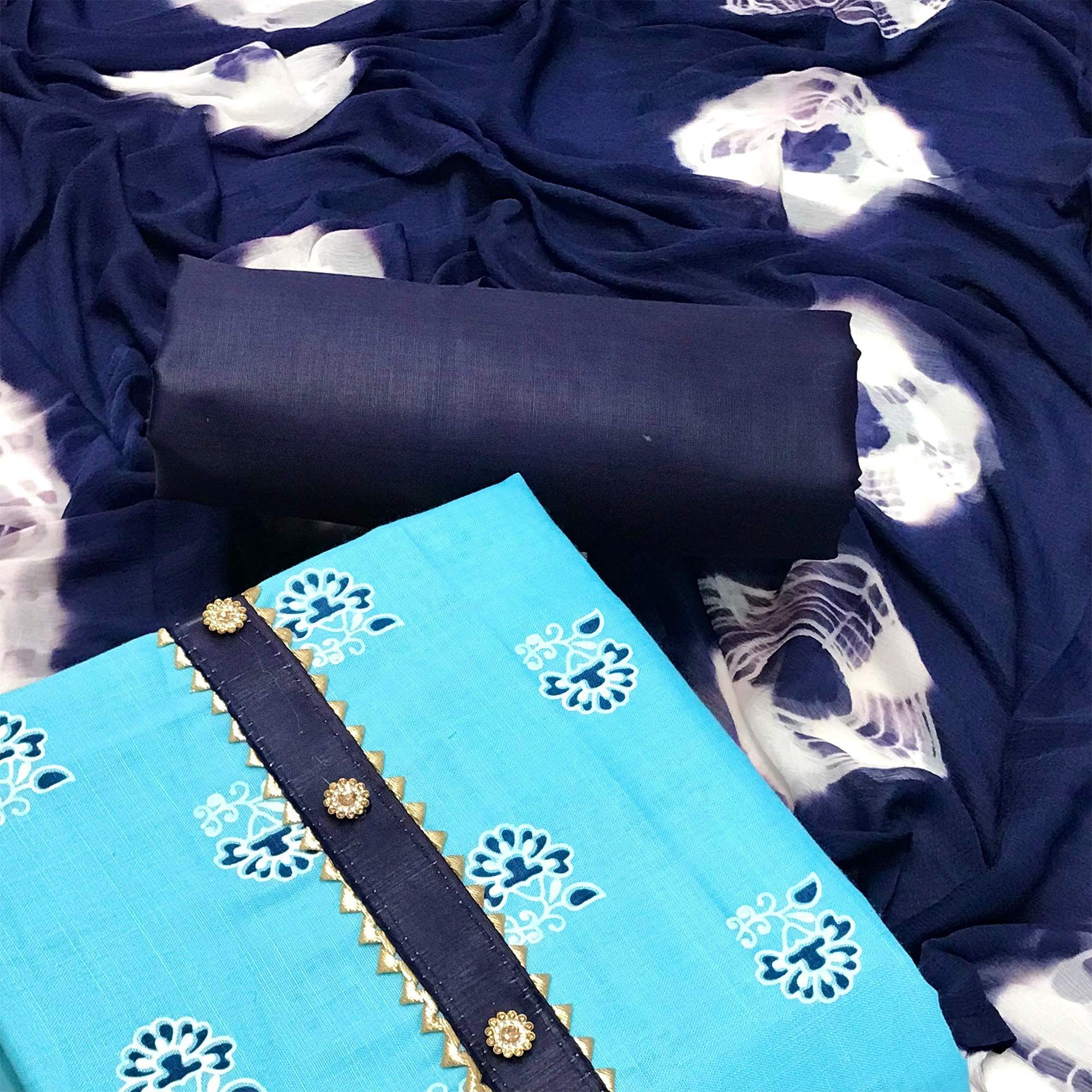 Blue Casual Wear Printed Cotton Dress Material - Peachmode