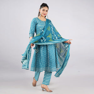 Blue Casual Wear Printed Cotton Kurti Pant Set With Dupatta - Peachmode