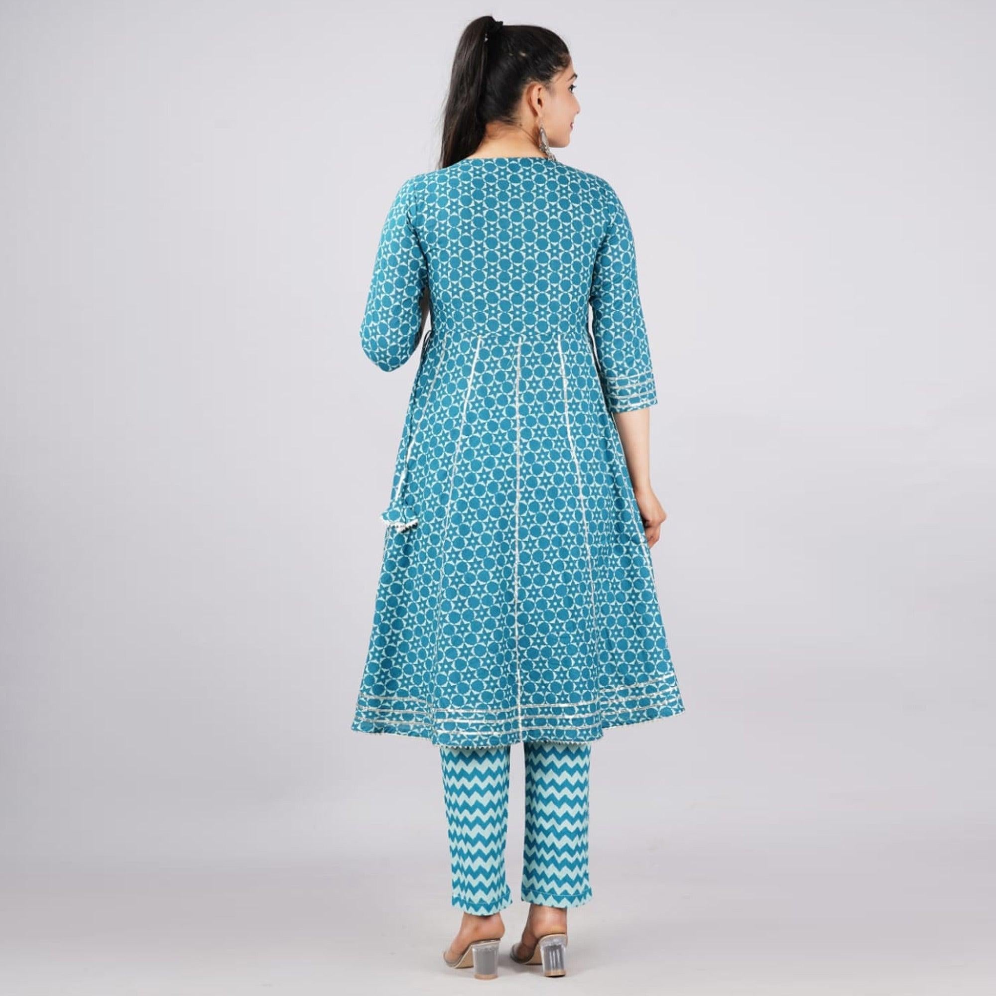 Blue Casual Wear Printed Cotton Kurti Pant Set With Dupatta - Peachmode