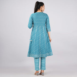 Blue Casual Wear Printed Cotton Kurti Pant Set With Dupatta - Peachmode