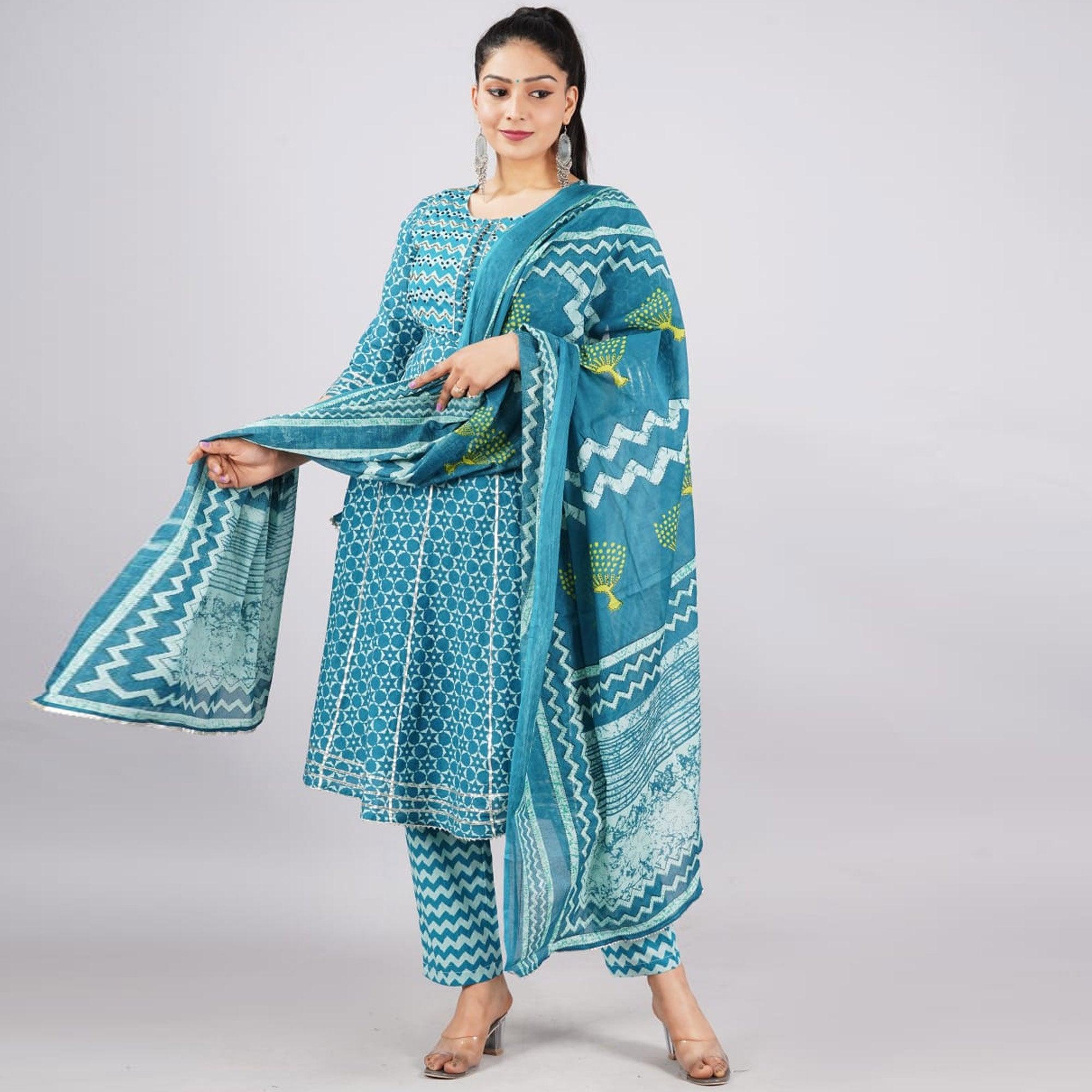 Blue Casual Wear Printed Cotton Kurti Pant Set With Dupatta - Peachmode