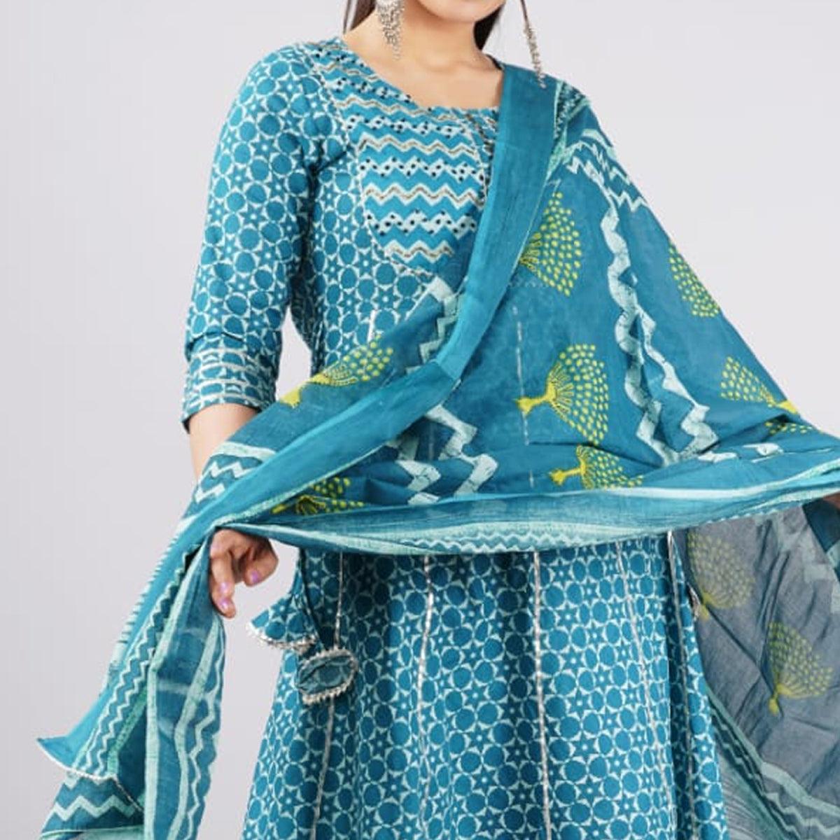 Blue Casual Wear Printed Cotton Kurti Pant Set With Dupatta - Peachmode