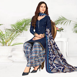 Blue Casual Wear Printed Cotton Patiala Dress Material - Peachmode
