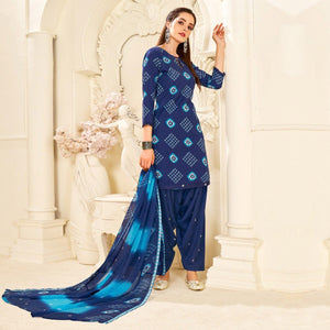 Blue Casual Wear Printed Cotton Patiala Suit - Peachmode