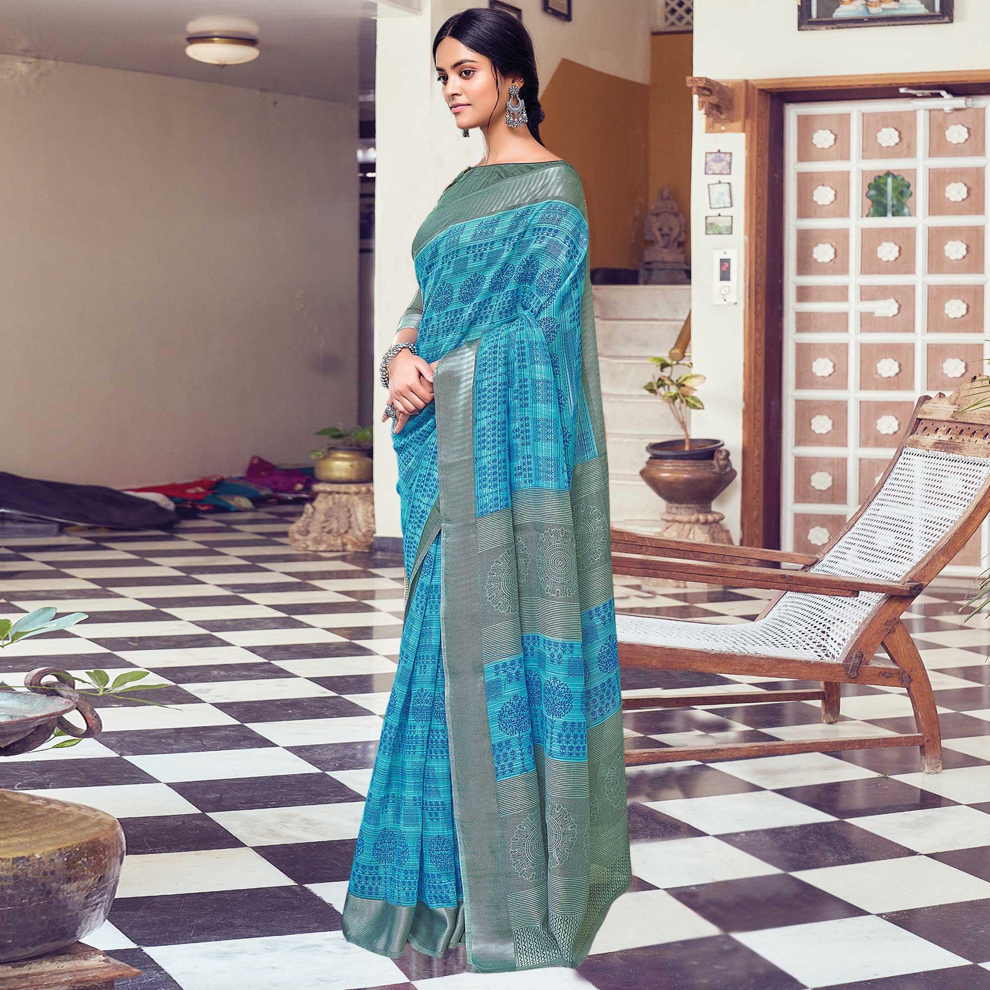 Blue Casual Wear Printed Cotton Saree - Peachmode