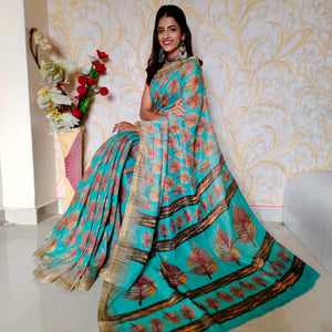 Blue Casual Wear Printed Cotton Silk Saree - Peachmode