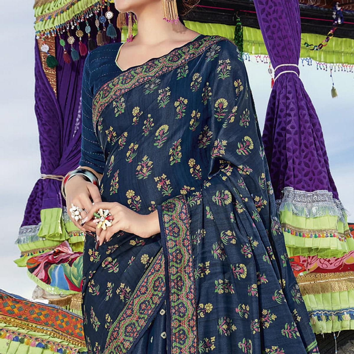 Blue  Casual Wear Printed Cotton Silk Saree - Peachmode