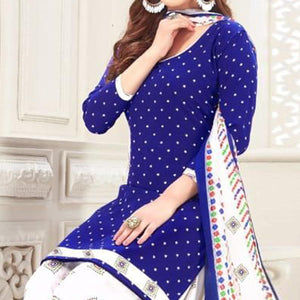 Blue Casual Wear Printed Crepe Patiala Dress Material - Peachmode