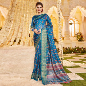 Blue Casual Wear Printed Crystal Silk Saree - Peachmode