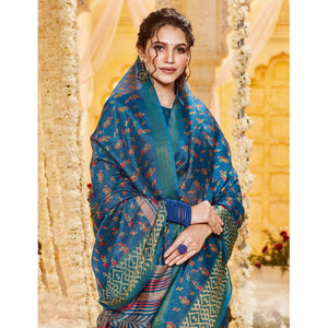 Blue Casual Wear Printed Crystal Silk Saree - Peachmode