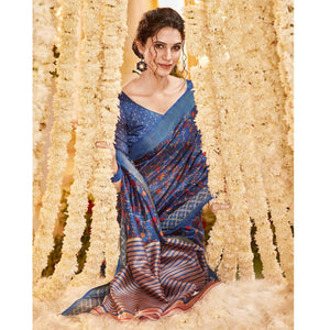 Blue Casual Wear Printed Crystal Silk Saree - Peachmode
