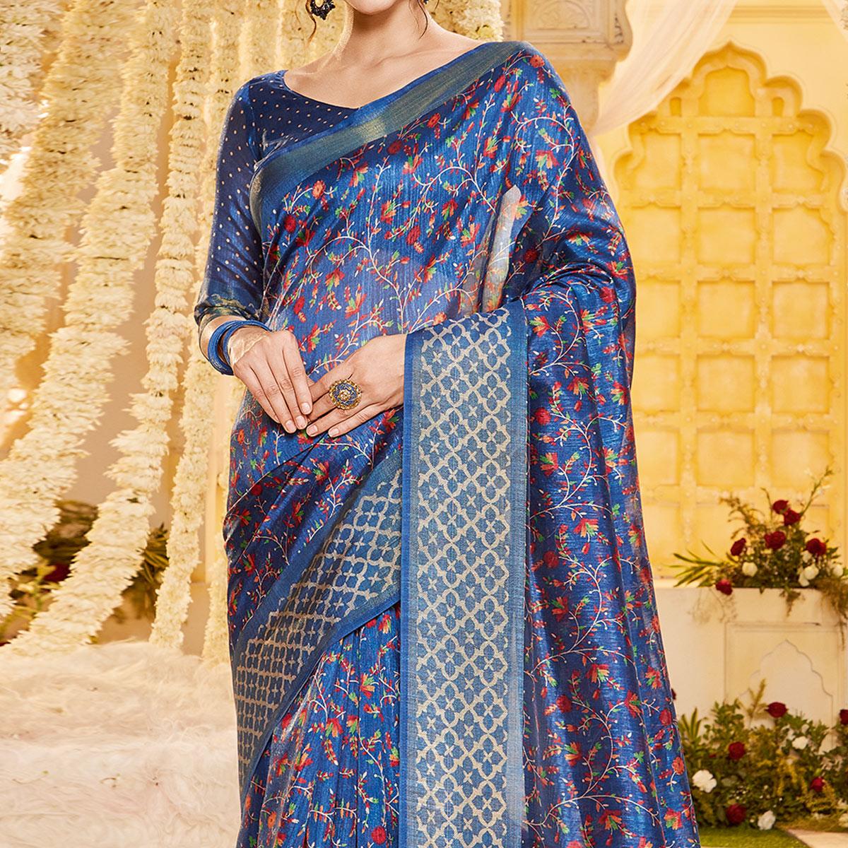 Blue Casual Wear Printed Crystal Silk Saree - Peachmode