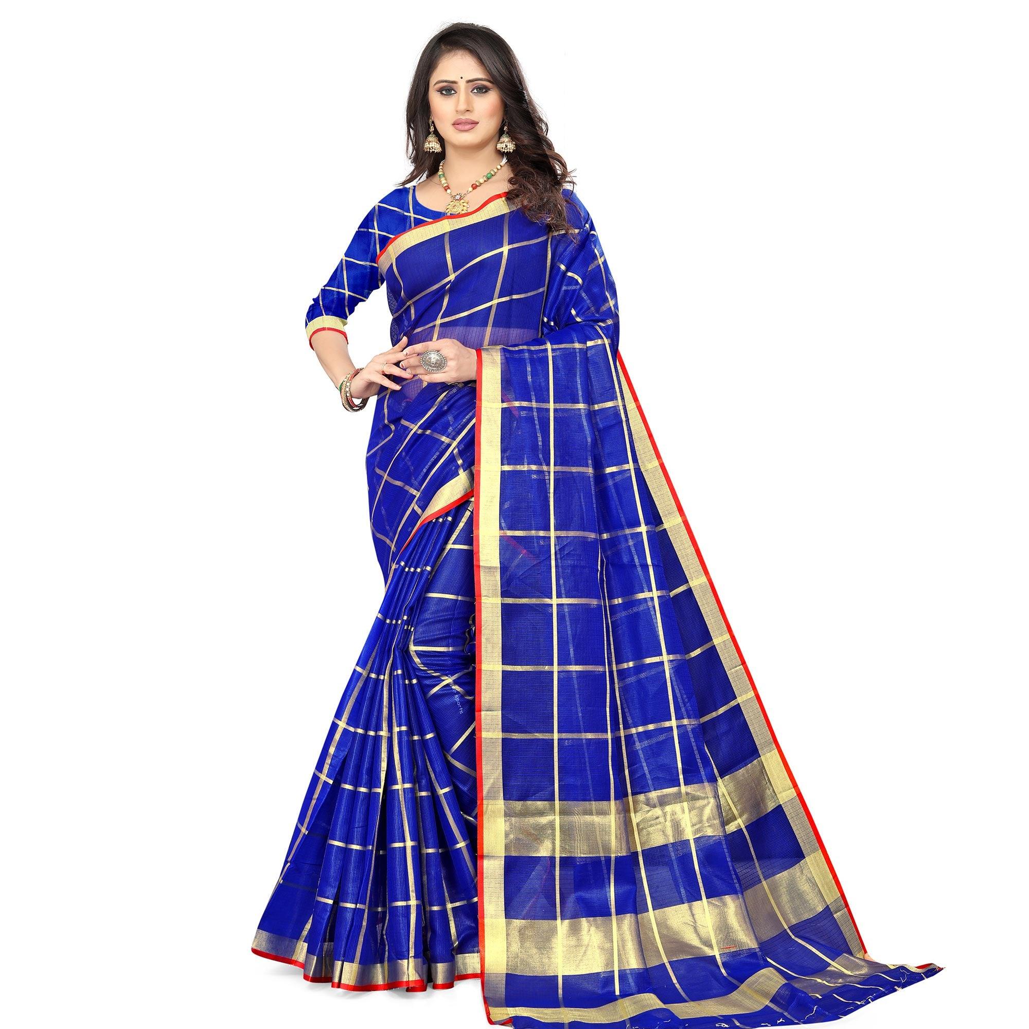Blue Casual Wear Printed Doriya Cotton Saree - Peachmode