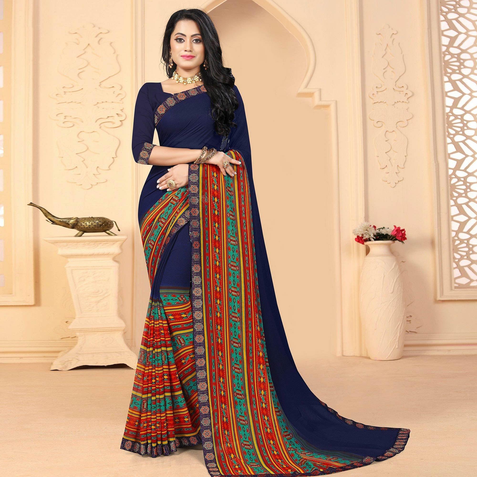 Blue Casual Wear Printed Georgette Designer Saree - Peachmode