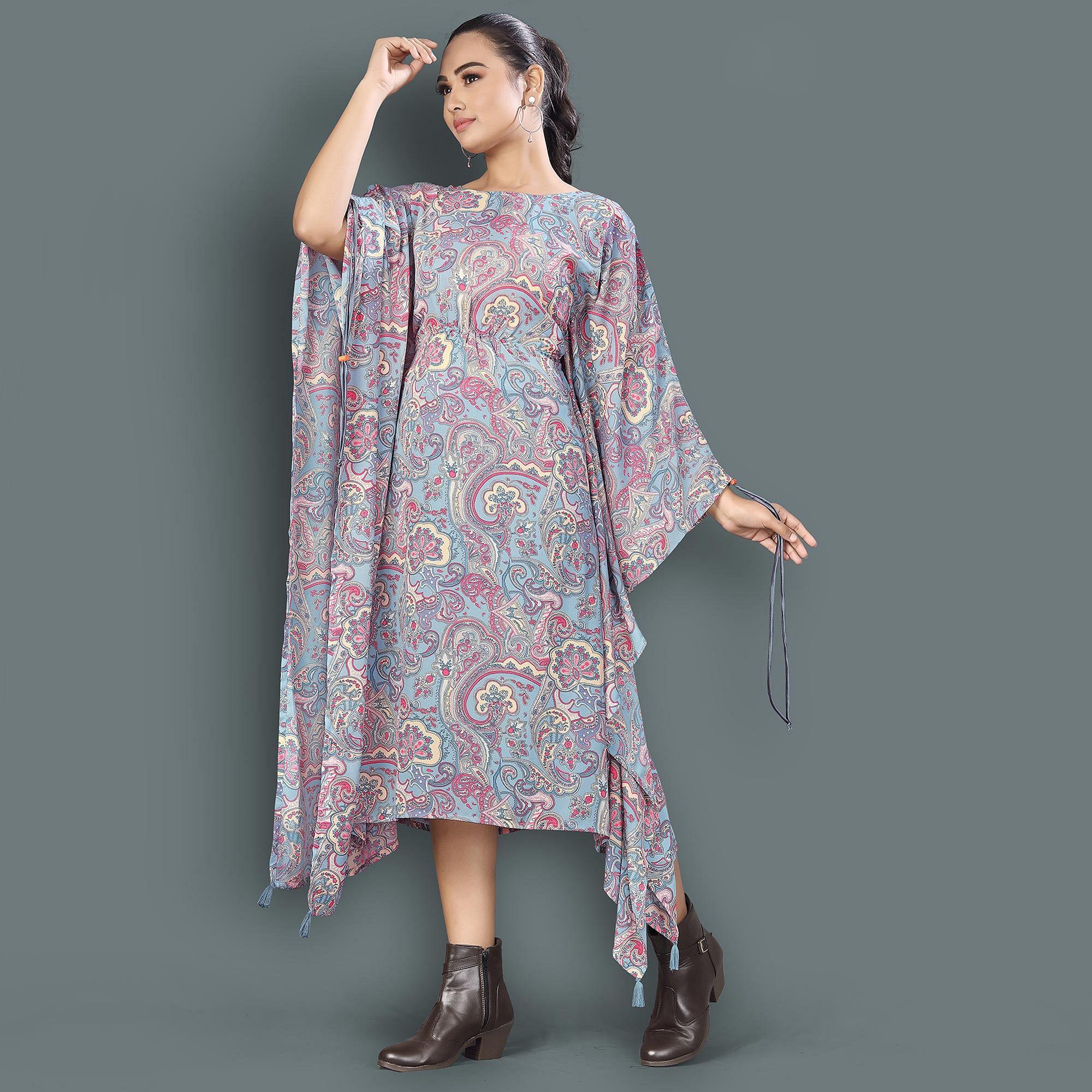 Blue Casual Wear Printed Georgette Kaftan Kurti - Peachmode