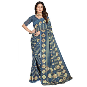 Blue Casual Wear Printed Georgette Saree - Peachmode
