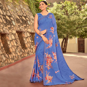 Blue Casual Wear Printed Georgette Saree - Peachmode