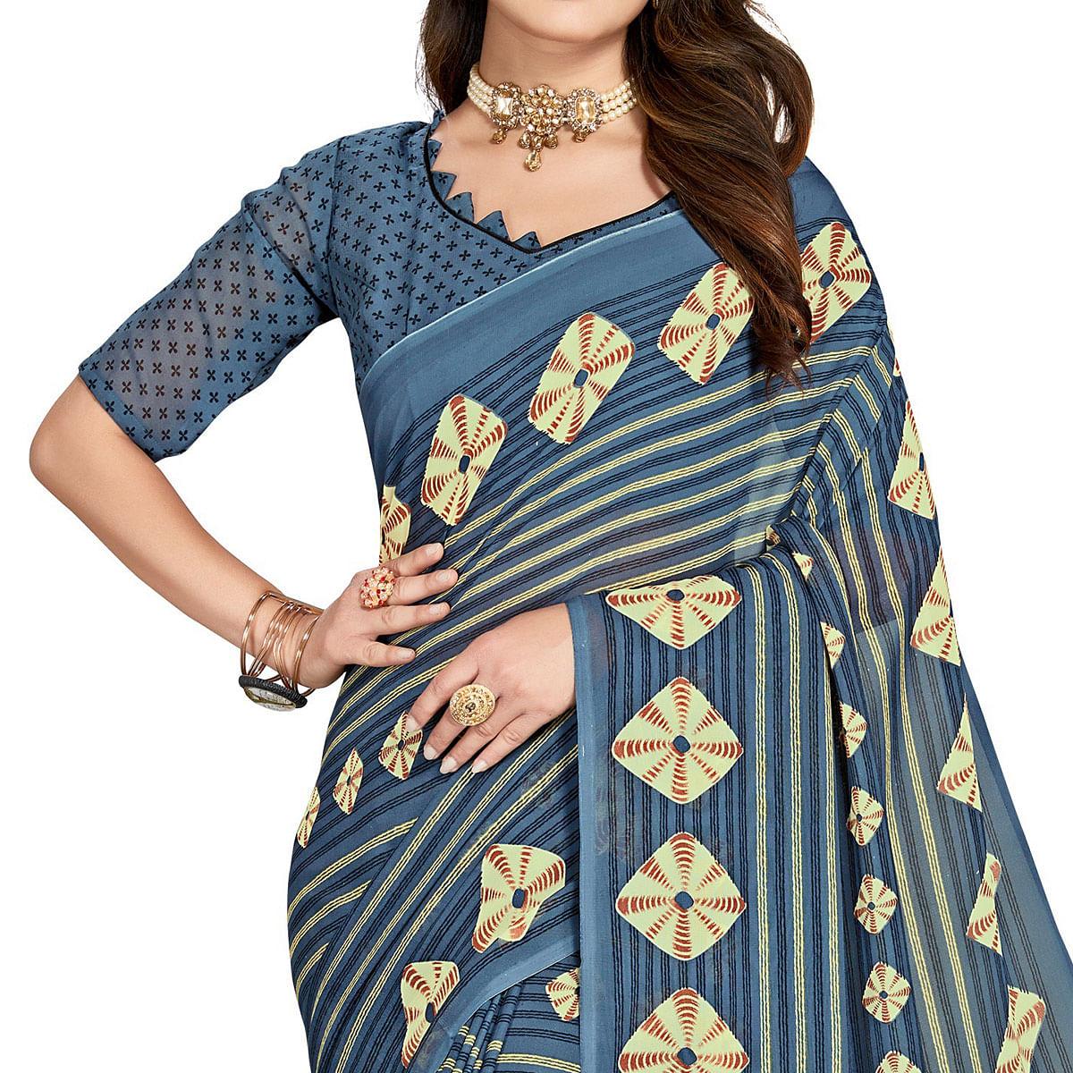 Blue Casual Wear Printed Georgette Saree - Peachmode