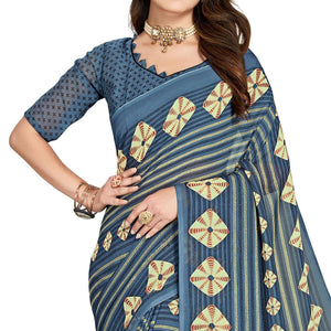 Blue Casual Wear Printed Georgette Saree - Peachmode
