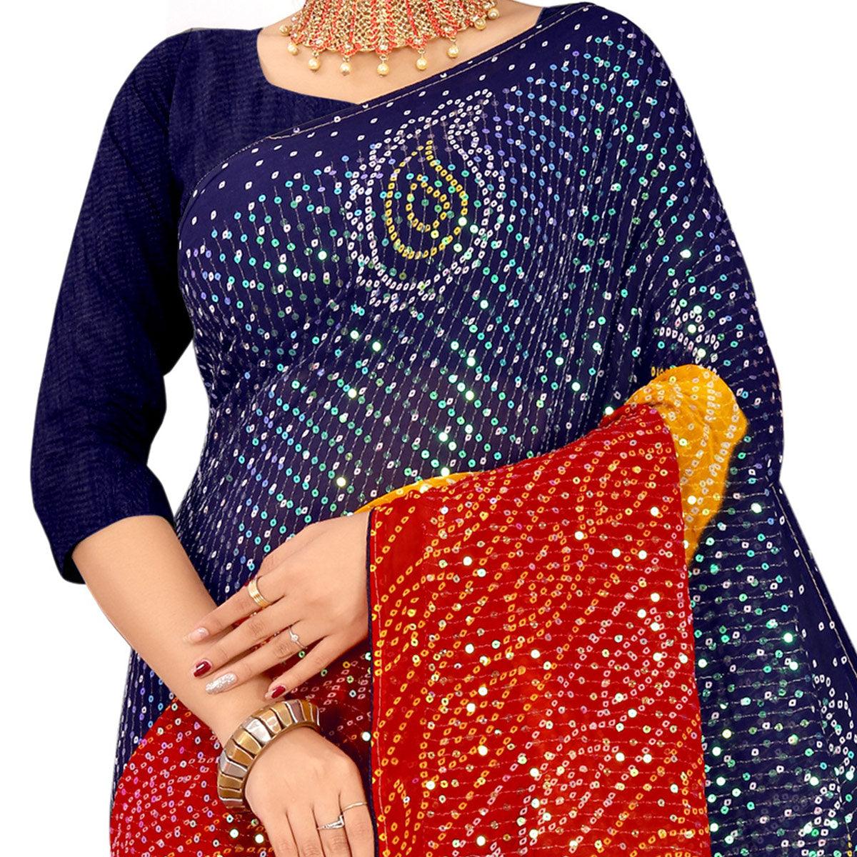 Blue Casual Wear Printed Georgette Saree - Peachmode