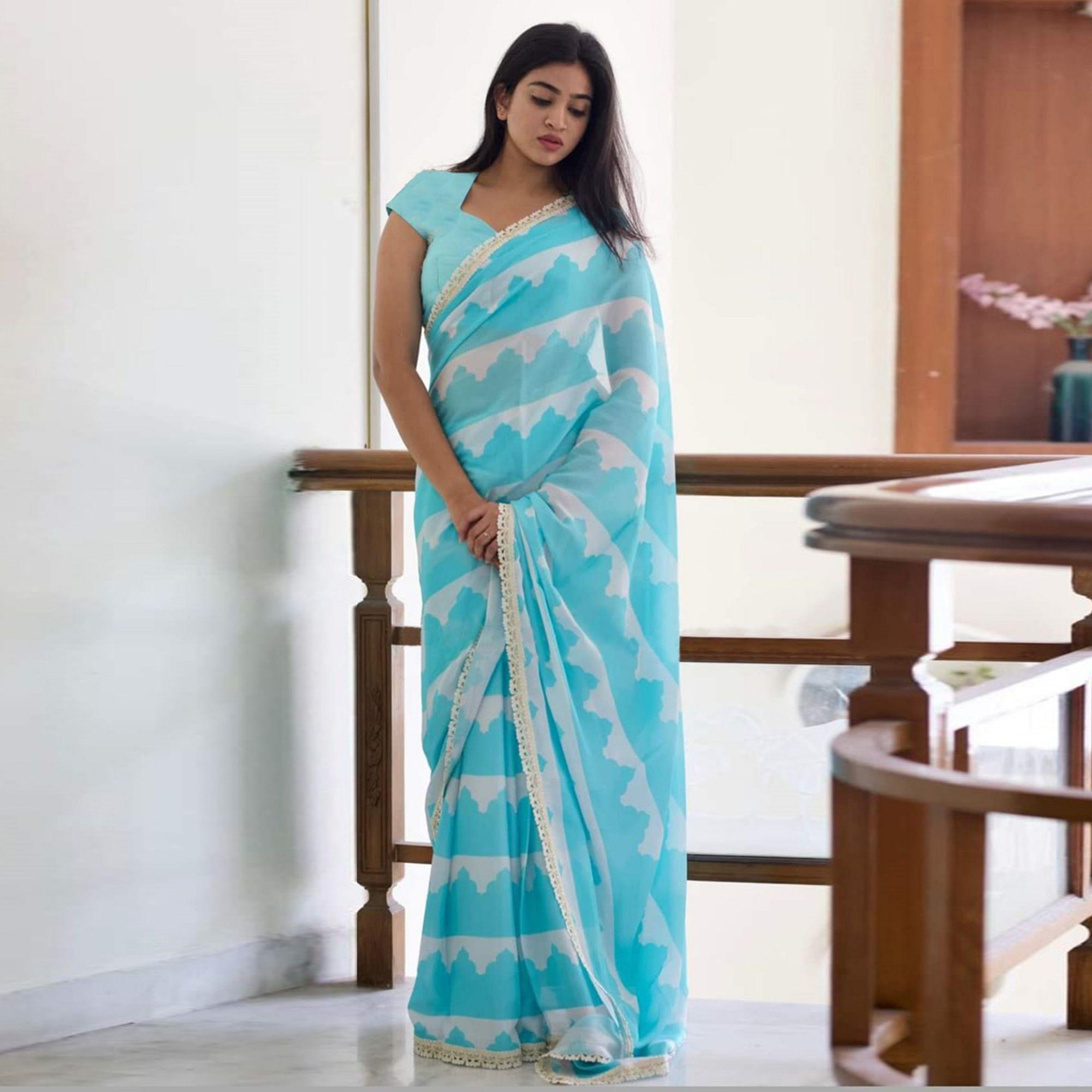 Blue Casual Wear Printed Georgette Saree With Lace - Peachmode