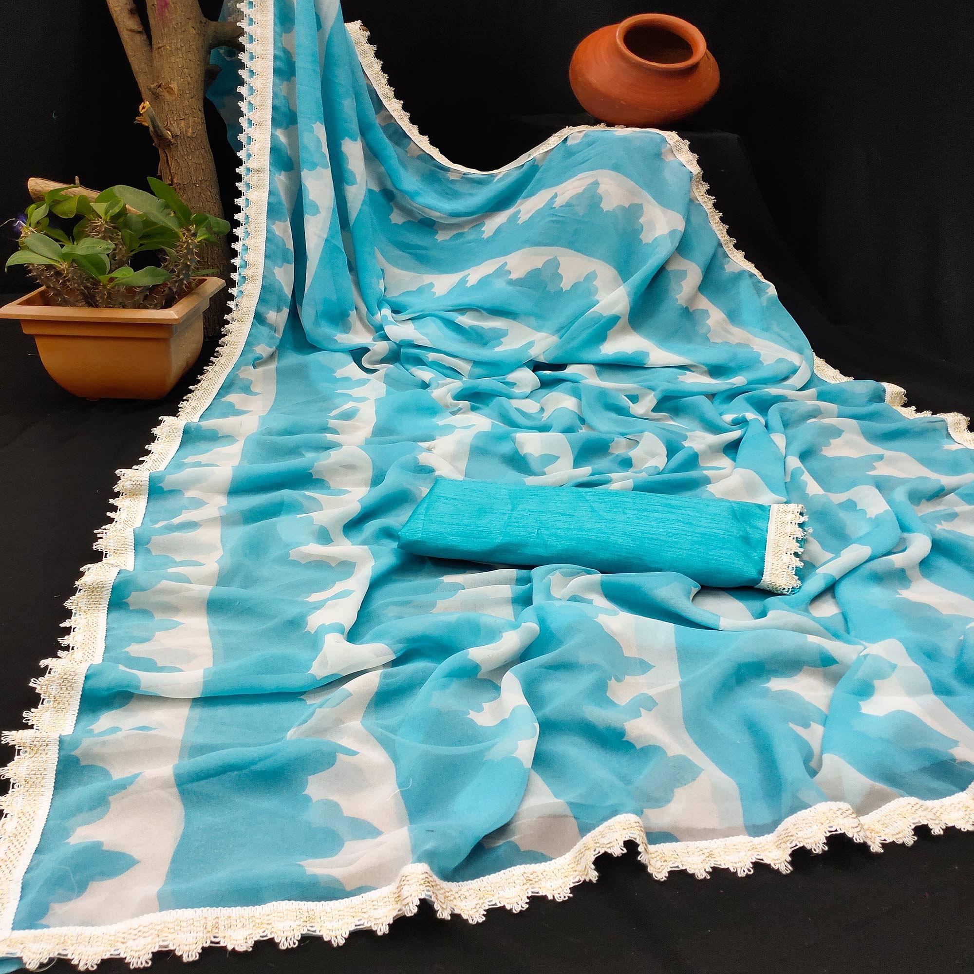 Blue Casual Wear Printed Georgette Saree With Lace - Peachmode