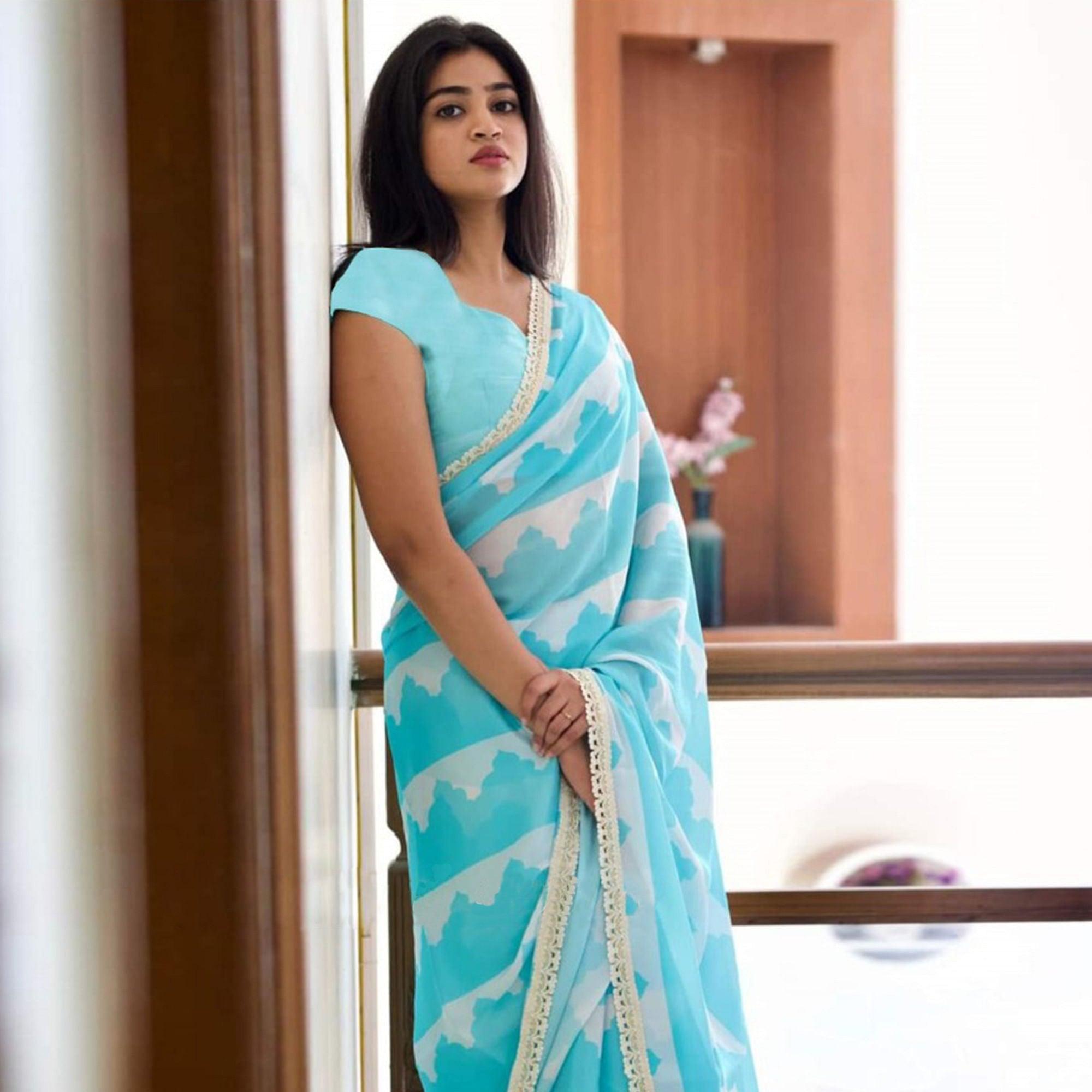 Blue Casual Wear Printed Georgette Saree With Lace - Peachmode