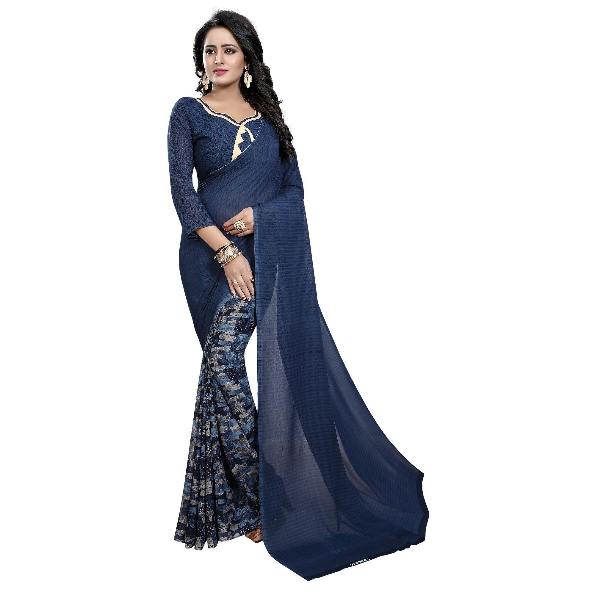 Blue Casual Wear Printed Georgette Sarees - Peachmode