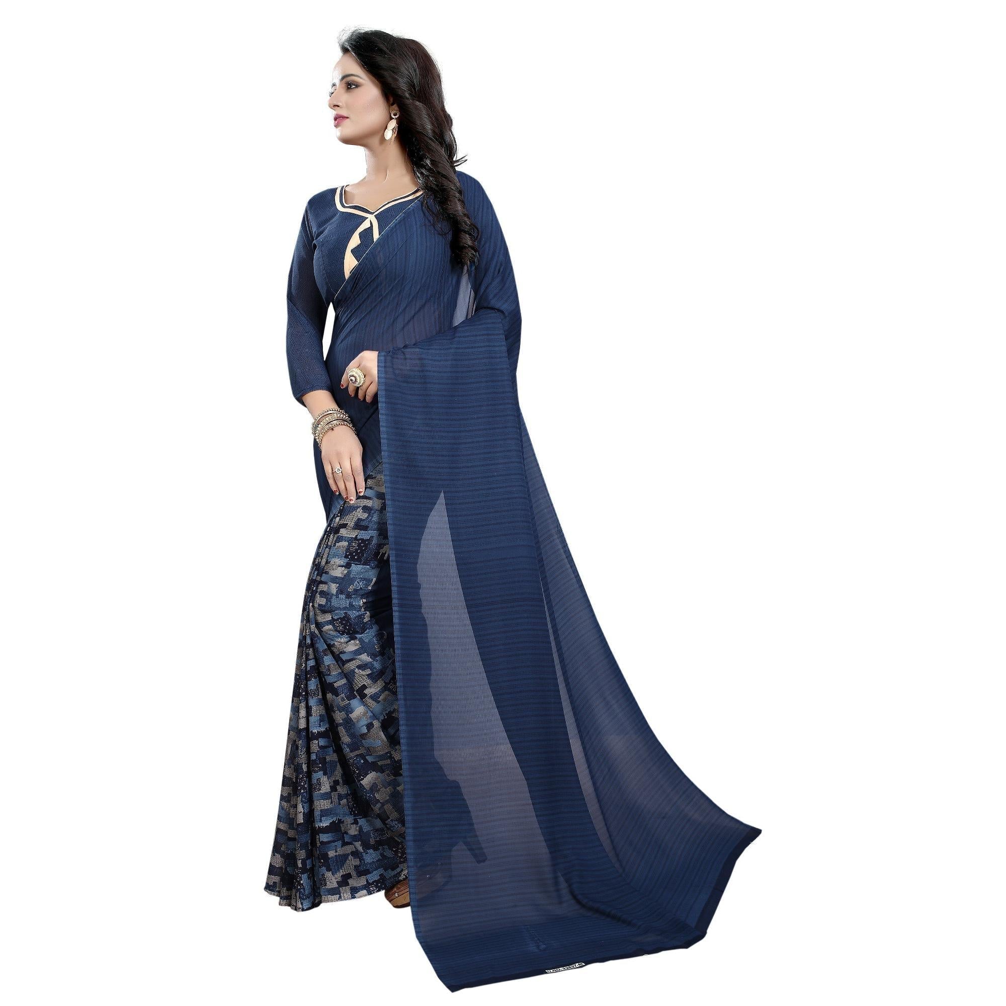 Blue Casual Wear Printed Georgette Sarees - Peachmode