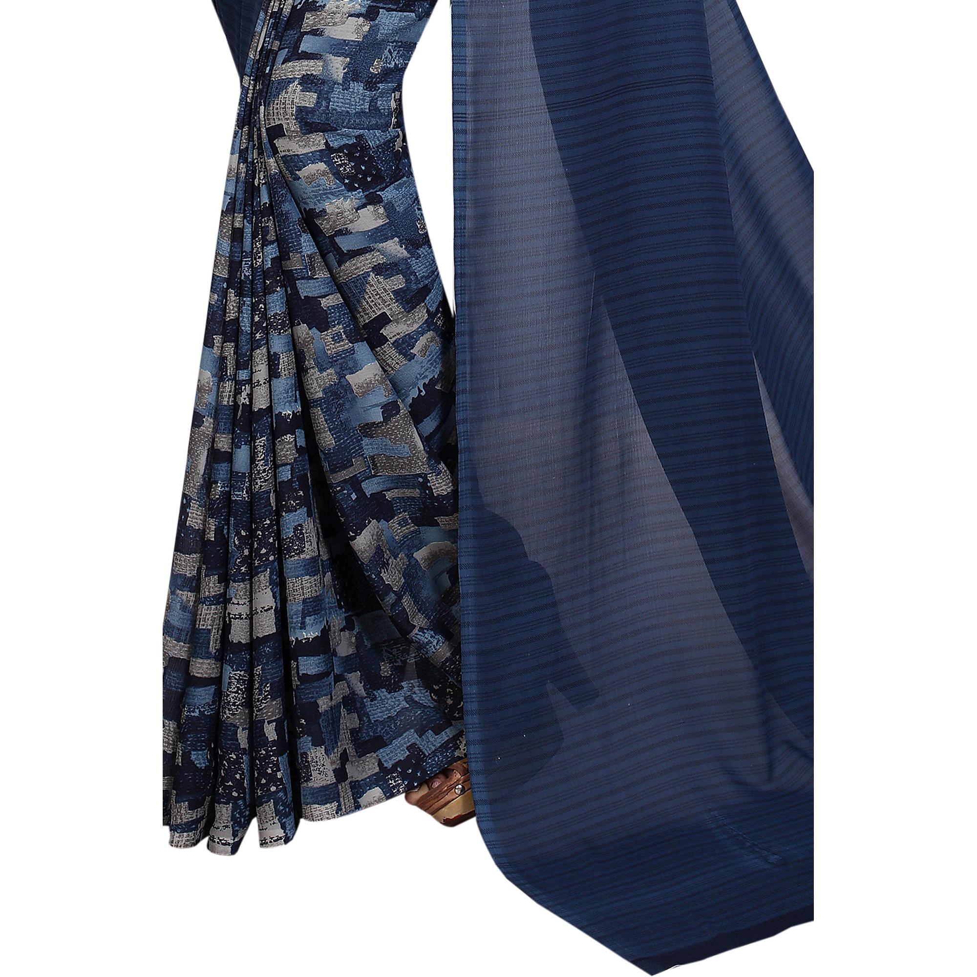 Blue Casual Wear Printed Georgette Sarees - Peachmode