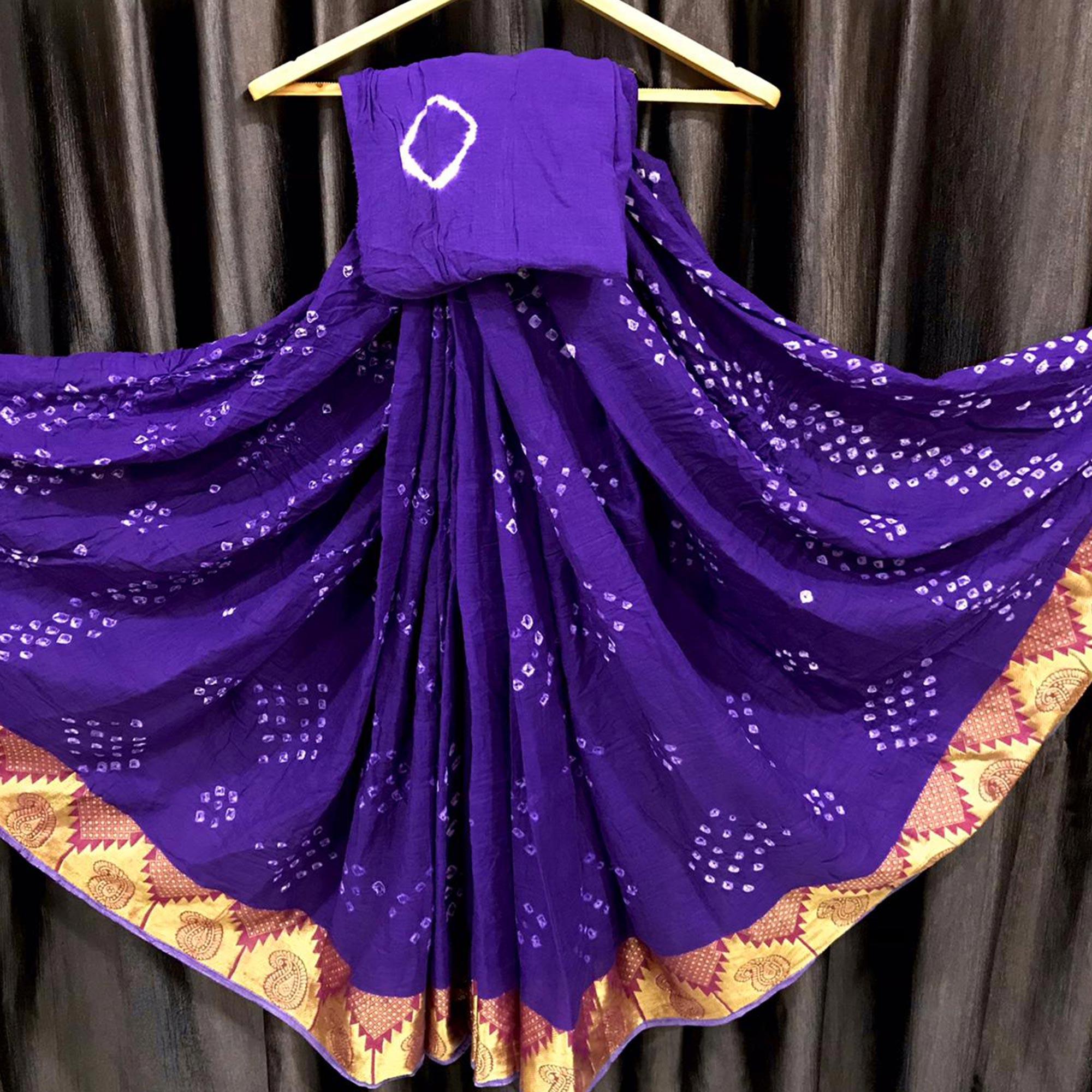 Blue Casual Wear Printed Hand Bandhej Zari Border Pure Cotton Saree - Peachmode