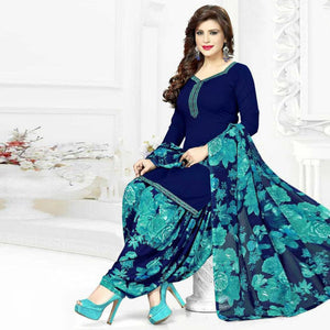 Blue Casual Wear Printed Leon Patiala Dress Material - Peachmode