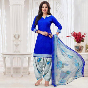 Blue Casual Wear Printed Leon Patiala Dress Material - Peachmode