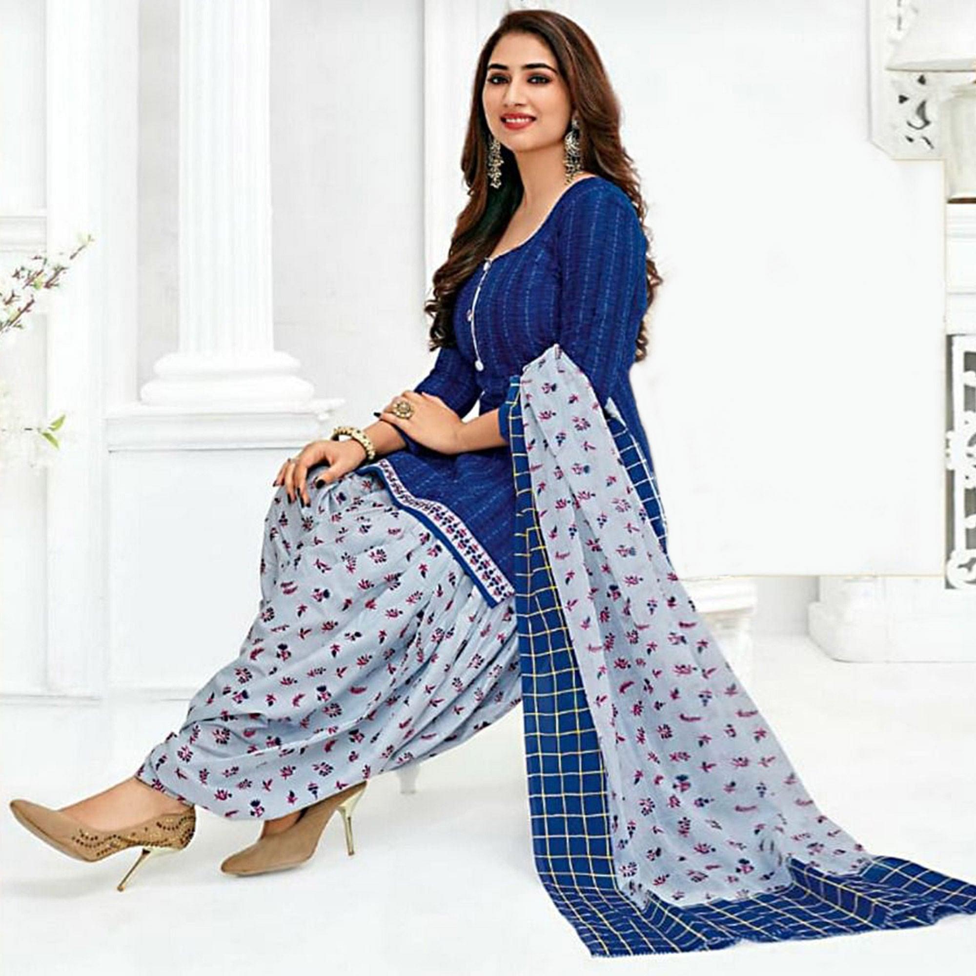 Blue Casual Wear Printed Leon Patiala Dress Material - Peachmode