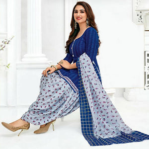 Blue Casual Wear Printed Leon Patiala Dress Material - Peachmode