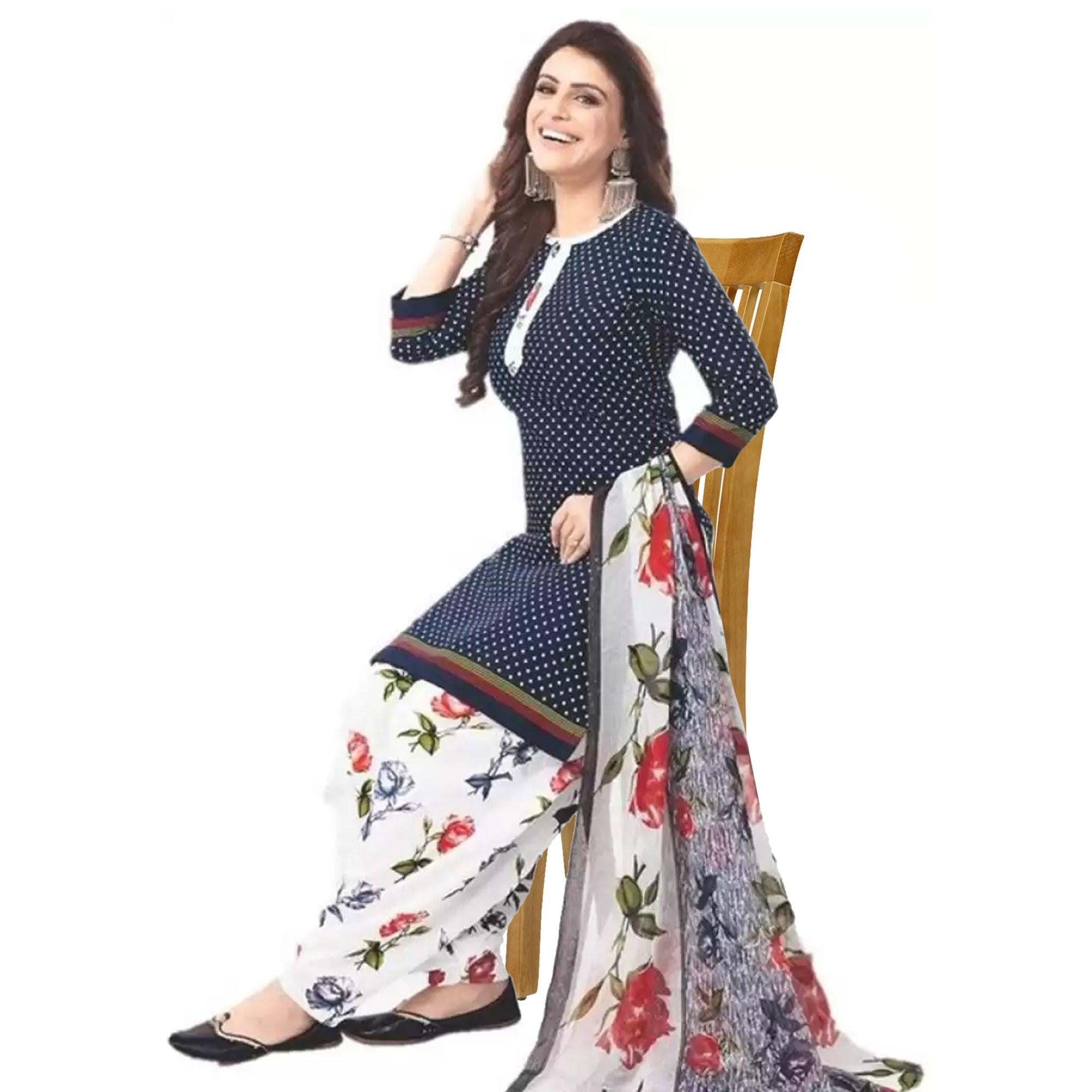 Blue Casual Wear Printed Leon Patiala Dress Material - Peachmode