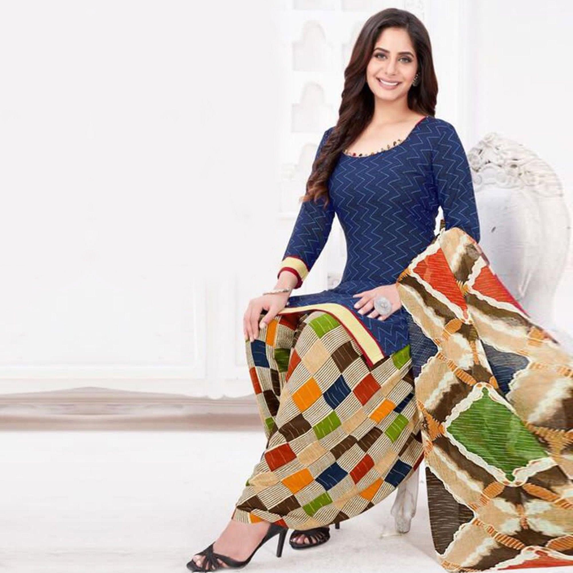 Blue Casual Wear Printed Leon Patiala Dress Material - Peachmode