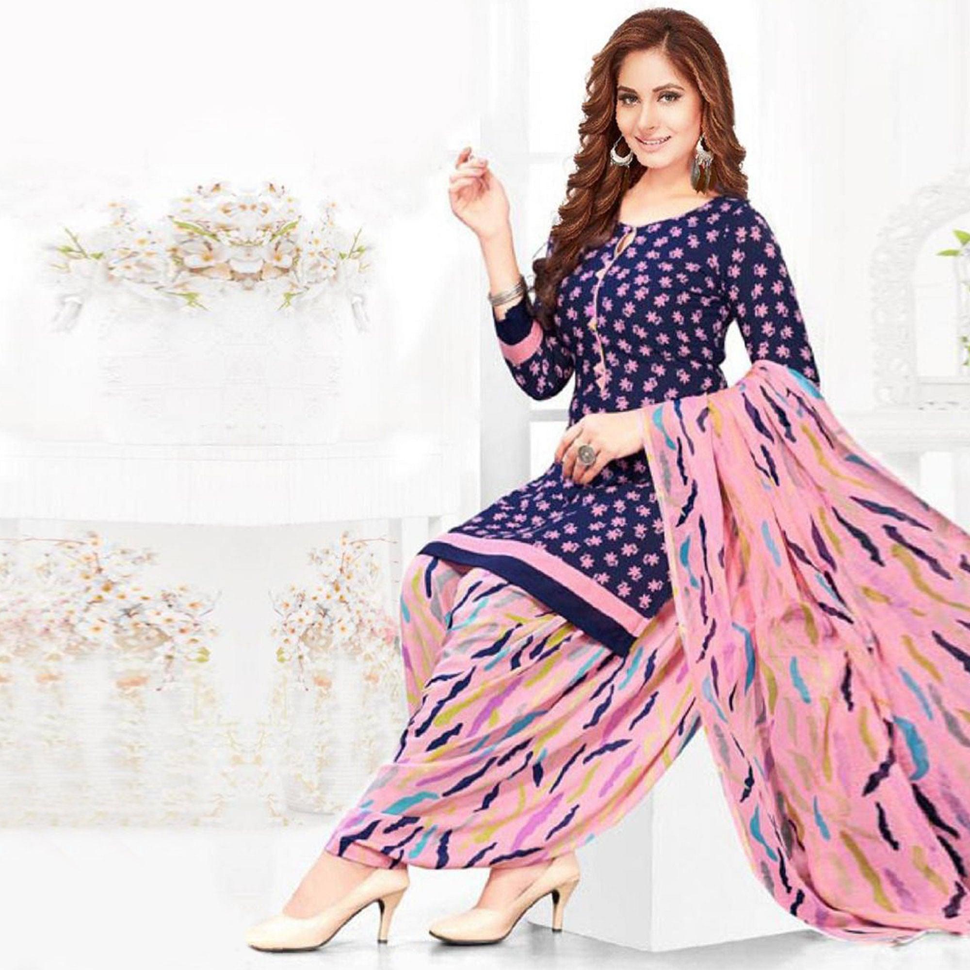 Blue Casual Wear Printed Leon Patiala Dress Material - Peachmode