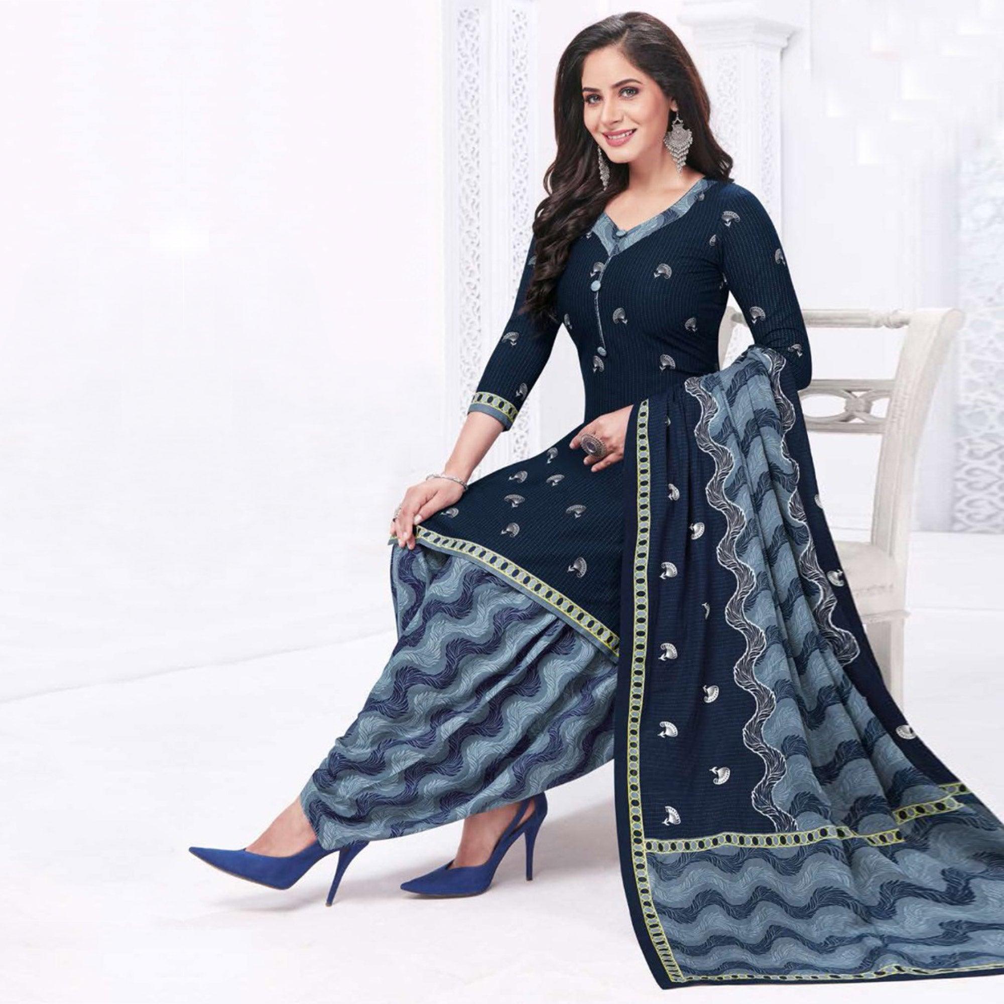 Blue Casual Wear Printed Leon Patiala Dress Material - Peachmode