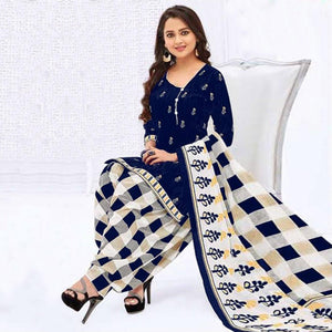 Blue Casual Wear Printed Leon Patiala Dress Material - Peachmode