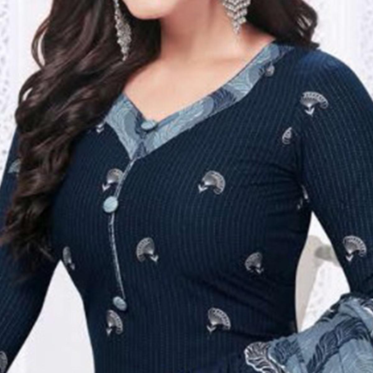 Blue Casual Wear Printed Leon Patiala Dress Material - Peachmode